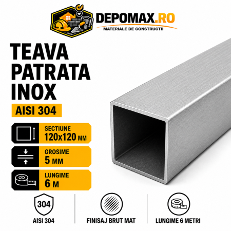 Teava patrata inox AISI 304, 120 x 120 x 5 mm, 6 metri